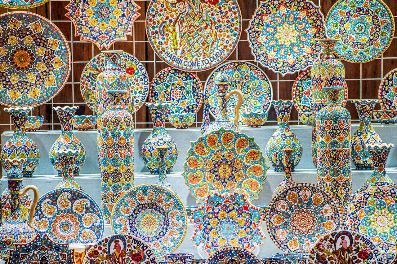 A display of colorful ceramic plates and bowls